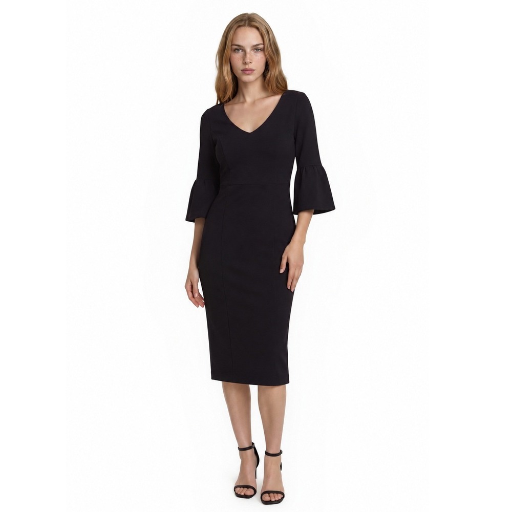 Boden Sheath Dress Women's Size 6 Black Bell Sleeve Sweetheart Neck Midi